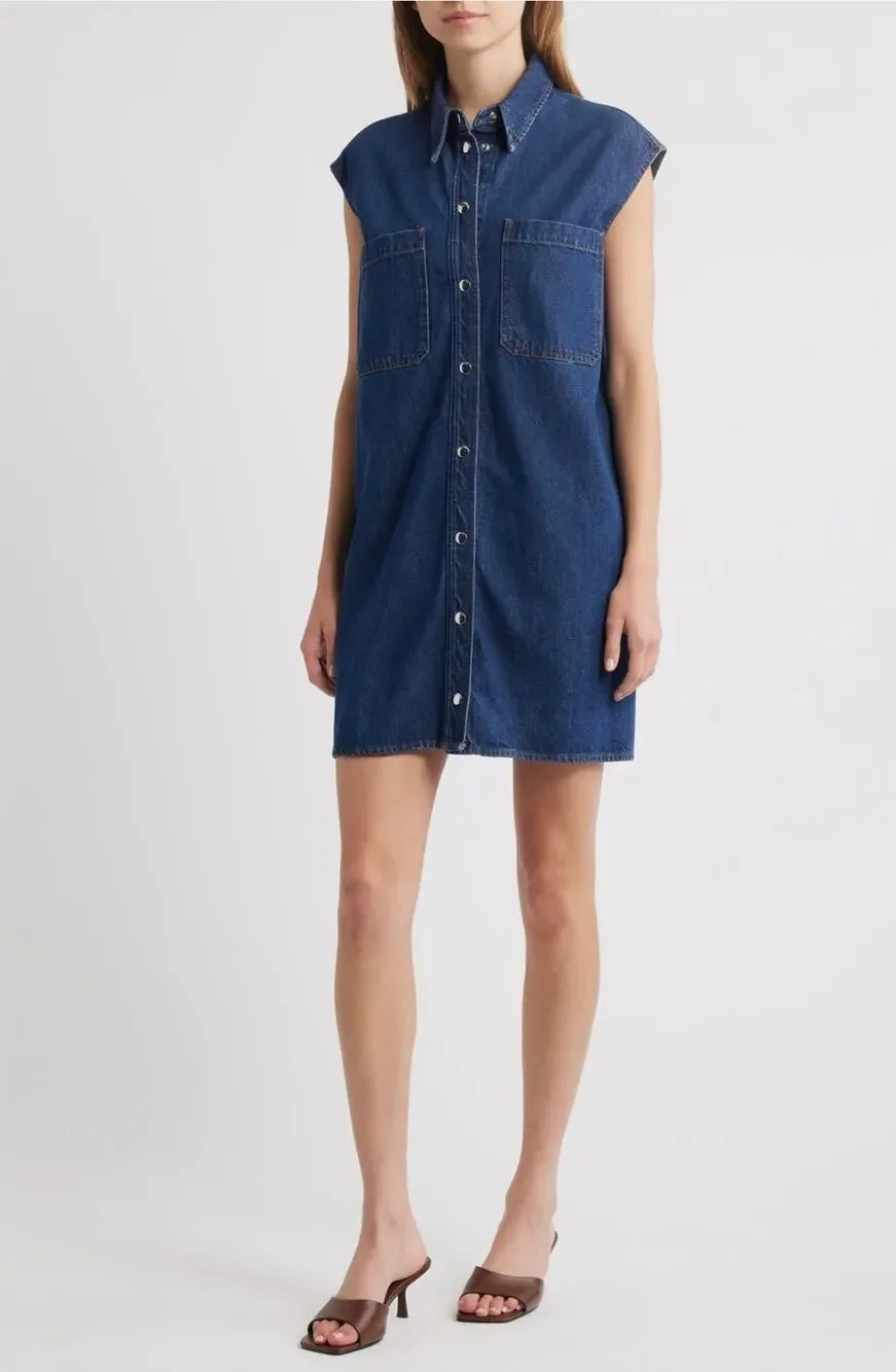 Frame The Sleeveless Denim Mini Shirtdress Shirt Dress in Fault Dark Blue NEW XS